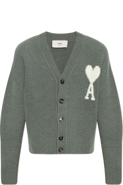 Ami Alexandre Mattiussi سترات لـ القسم الرجالي Ami Alexandre Mattiussi Paris De Coeur Logo Intarsia-knit V-neck Cardigan