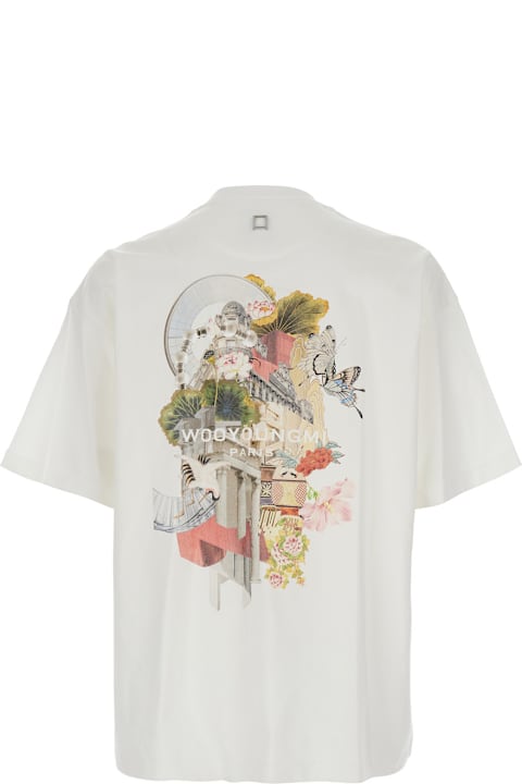 WOOYOUNGMI لـ Women WOOYOUNGMI White Crewneck T-shirt With Logo Patch On The Front And Floral Motif On The Rear In Cotton Man