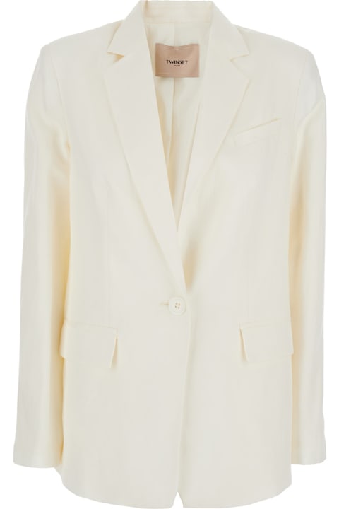 TwinSet for Kids TwinSet White Single-breasted Jacket With Notched Revers And Dropped Shoulders In Linen Blend Woman
