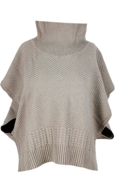 Poncho Sweater With High Neck With Diagonal Knitting And Braids