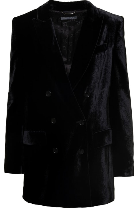 ウィメンズ Alberta Ferrettiのコート＆ジャケット Alberta Ferretti Black Double-breasted Jacket With Tonal Buttons In Velvet Woman