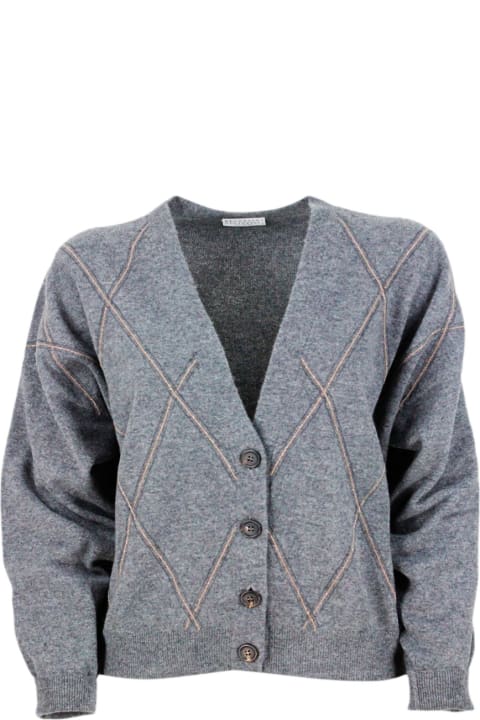 Brunello Cucinelli for Women Brunello Cucinelli Cardigan Sweater Made Of Precious And Refined Wool, Silk And Cashmere With Diamond Pattern Embellished With Rows Of Brilliant Monili