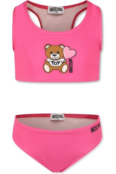 Moschino Swimwear for Girls Moschino Fuchsia Bikini For Girl With Teddy Bear And Logo