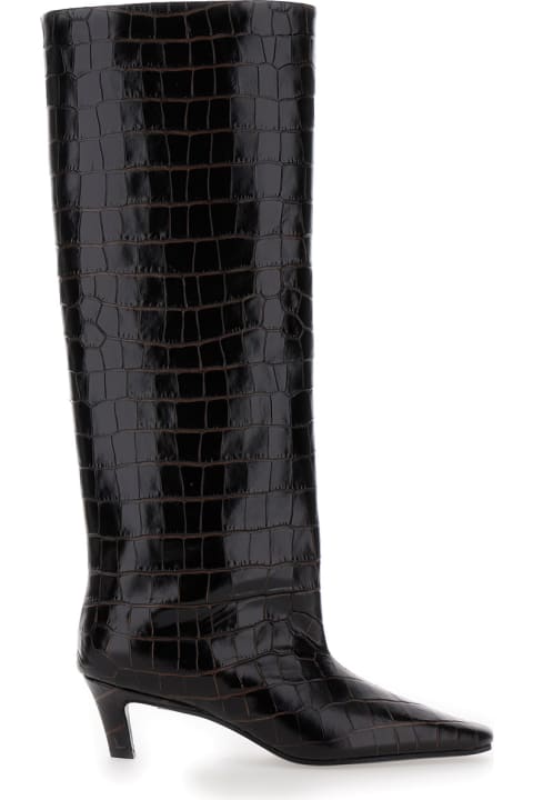 ウィメンズ Totêmeのブーツ Totême 'the Wide Shaft' Brown Pull-on Boots With Low Heel In Crocodile-embossed Leather Woman