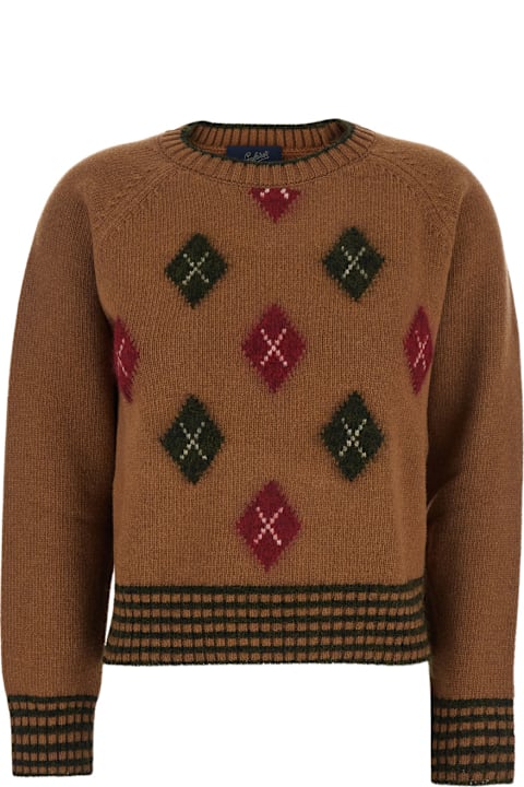 The Seafarer for Men The Seafarer Brown Crewneck Sweater With Diamond Embroidery On The Front And Ribbed Trims In Wool Blend Woman