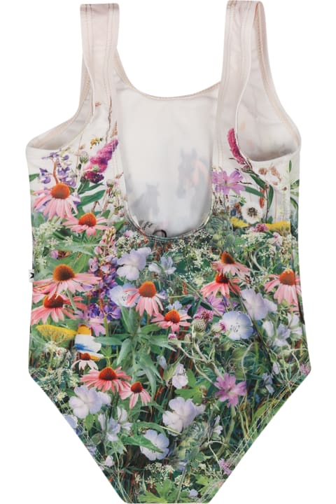 ベビーボーイズ Moloの水着 Molo Ivory Swimsuit For Baby Girl With Horses And Flowers Print
