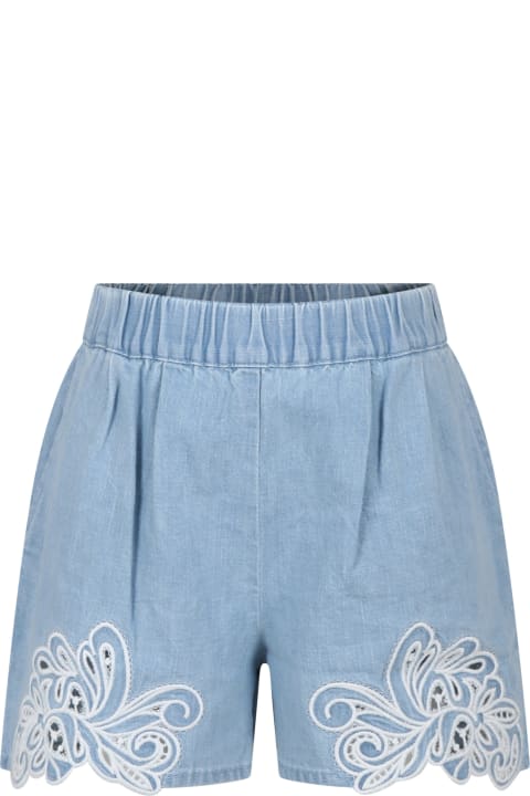 Ermanno Scervino Juniorのガールズ Ermanno Scervino Junior Blue Shorts For Girl With Embroidery