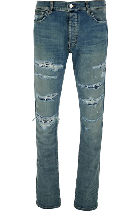 Sale for Men AMIRI Blue 'ma Quand' Jeans With Ripped Details On The Front And Logo Patch On The Rear In Denim Man