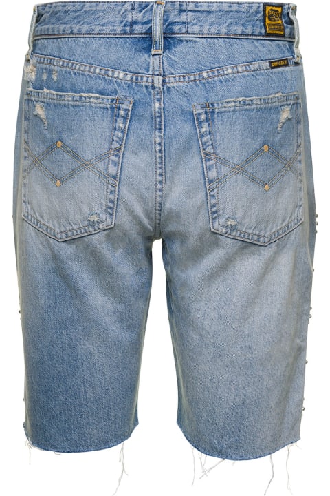 Blue Denim Shorts Distresed Design With Crystal And Studded Embellishment In Cotton Woman