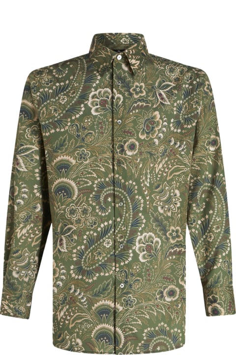 Shirts for Men Etro Green Cotton Shirt With Paisley Floral Pattern