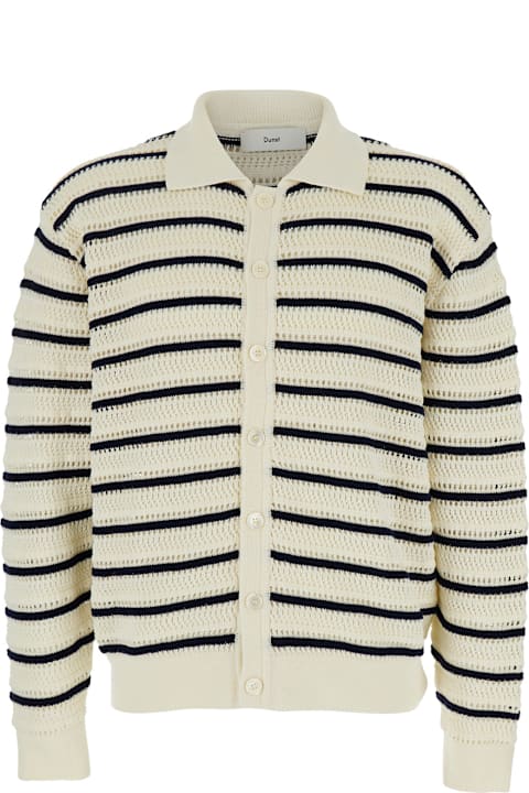 Homeware Dunst White Knitted Cardigan With Wide Collar And All-over Stiped Motif In Cotton Man