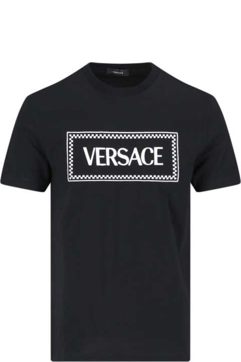 Versace Topwear for Men Versace Black Crewneck T-shirt With Contrasting Logo Lettering Print In Cotton Man