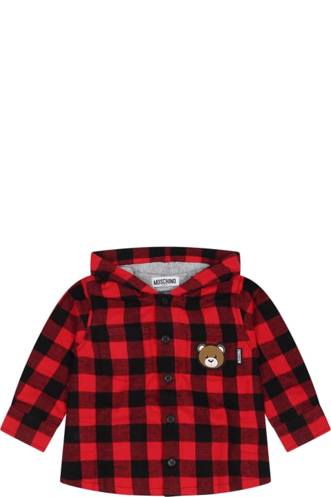 Shirts for Baby Boys Moschino Red Shirt For Baby Boy With Teddy Bear And Logo