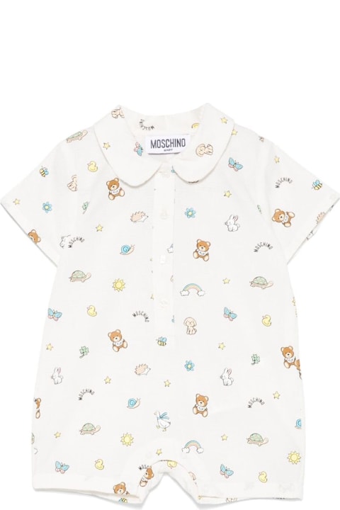 Moschino Bodysuits & Sets for Women Moschino White One-piece With Peter Pan Collar And All-ove Graphic Print In Cotton Baby
