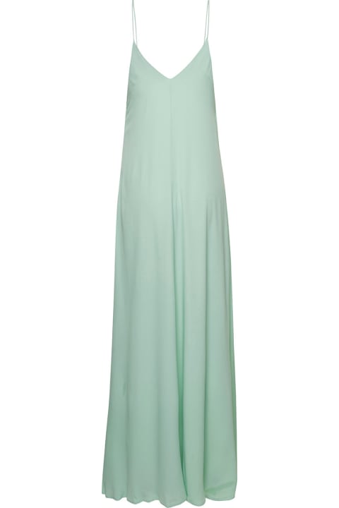 Long Light Green Loose Dress With Spaghetti Straps In Silk Blend Woman