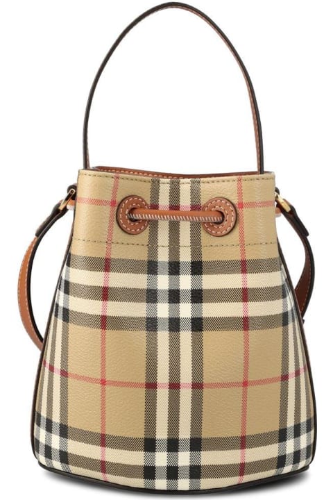 Fashion for Women Burberry Logo Plaque Checked Drawstring Buckeet Bag