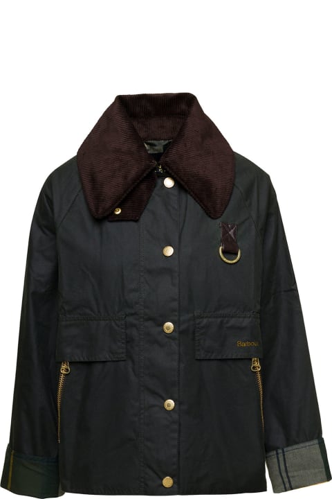 Dark Green Short Jacket With Oversized Collar And Logo Embroidery In Waxed Cotton Woman