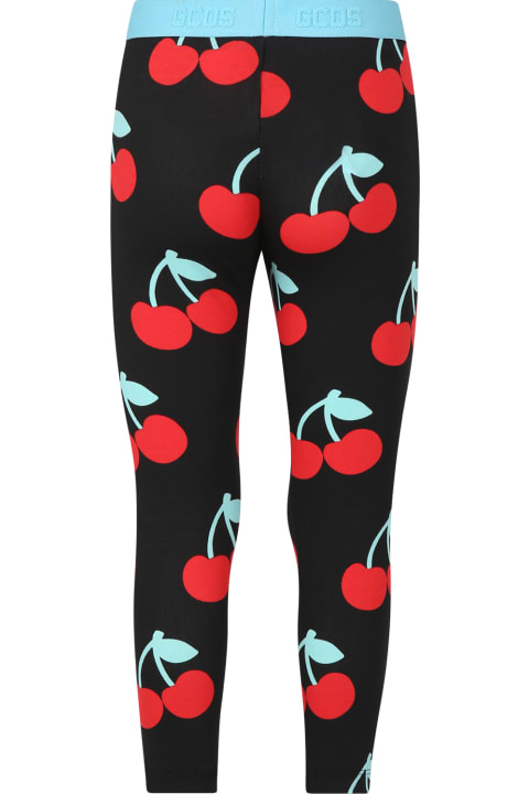 GCDS Mini Bottoms for Girls GCDS Mini Black Leggings For Girl With Cherries