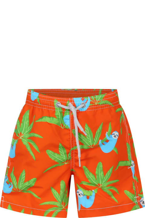 Swimwear for Boys MC2 Saint Barth Orange Swim Shorts For Boy With Sloth Print