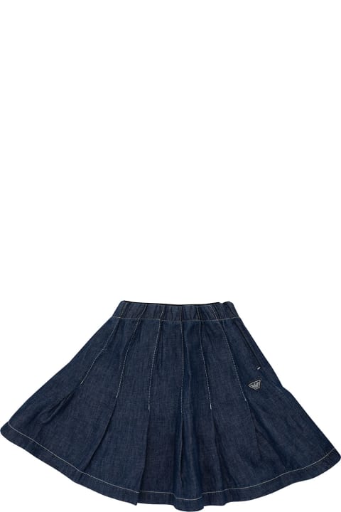 Bottoms for Girls Emporio Armani Mini Blue Pleated Skirt With Logo Patch In Denim Girl