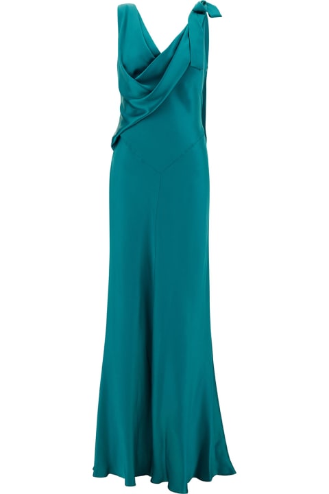 Dresses for Women Alberta Ferretti Blue Long Draped Dress With V Neckline In Satin Woman
