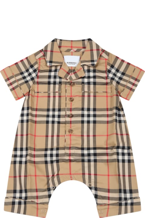 Beige Babygrow For Babies With Iconic Vintage Check