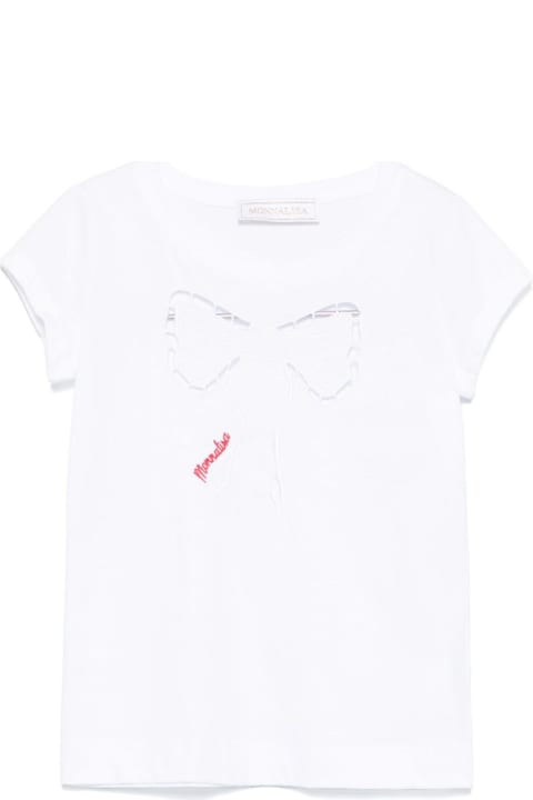 Monnalisa T-Shirts & Polo Shirts for Girls Monnalisa White Crewneck T-shirt With Bow Embroidery On The Front And Logo Lettering In Cotton Girl