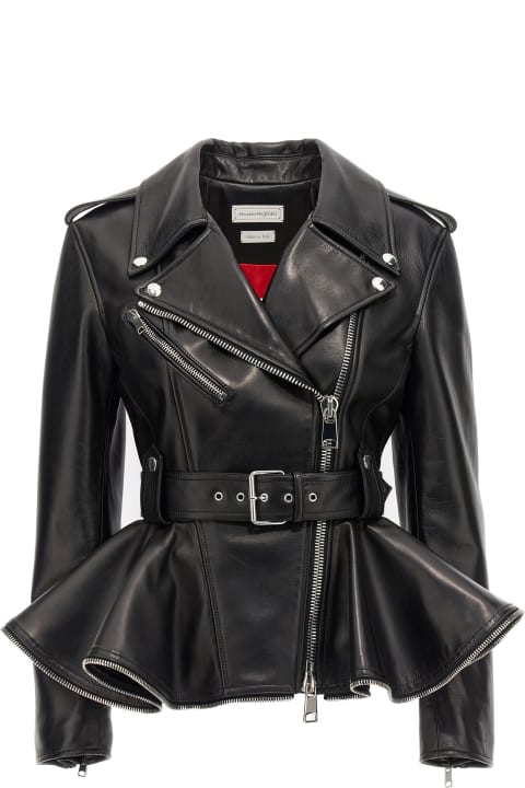 Alexander McQueen Coats & Jackets for Women Alexander McQueen Biker Jacket With Peplum Hem And Belt