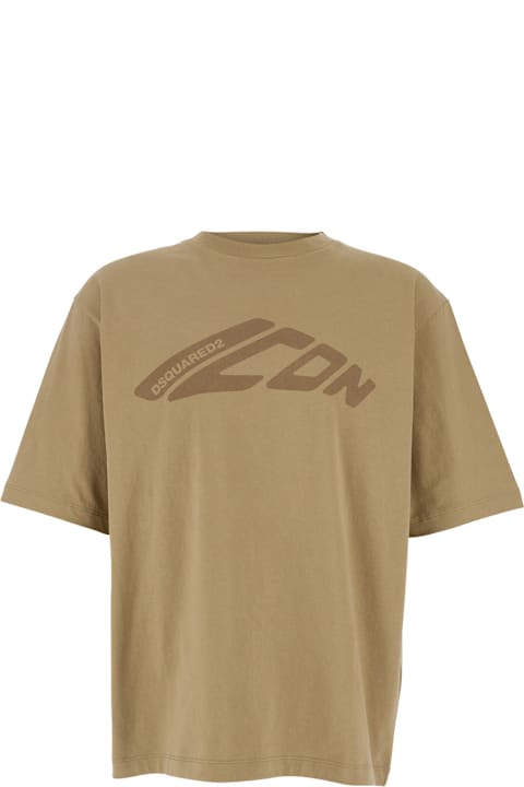 Topwear for Men Dsquared2 'icon' Beige Crewneck T-shirt With Logo Print On The Front In Cotton Man