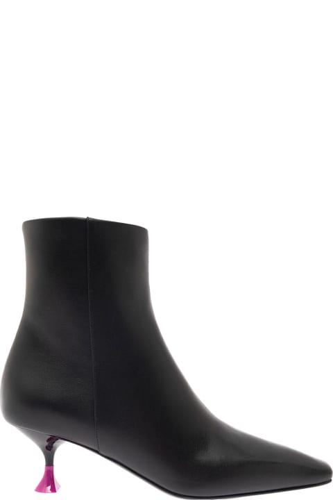 Black Ankle Boots With Zip And Contrasting Heel In Leather Woman