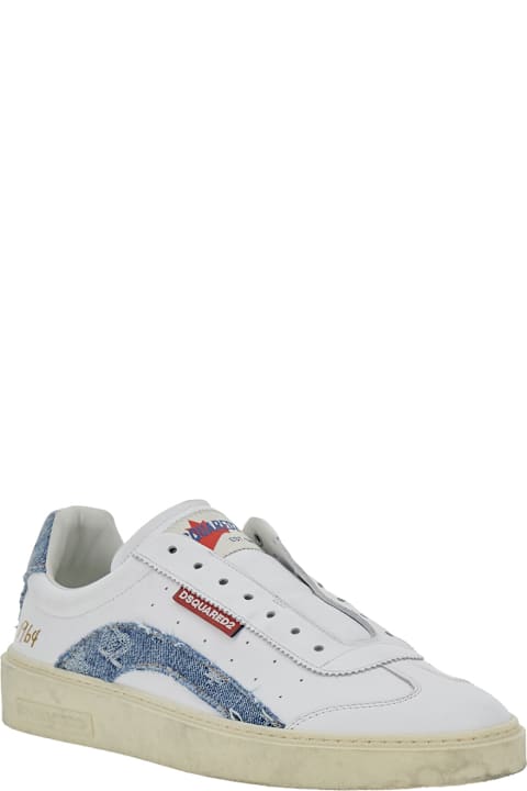 Dsquared2 White Low Top Sneakers With Denim Panels And Distressed Effect In Leather Man
