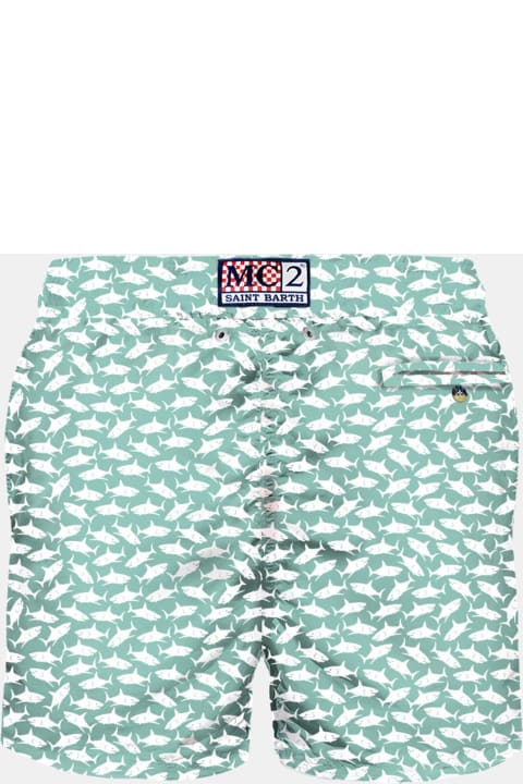 Fashion for Men MC2 Saint Barth Man Light Fabric Swim Shorts With Sharks Print