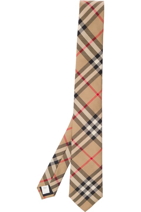 Beige Scarf With All-over Vintage Check Print In Silk Man