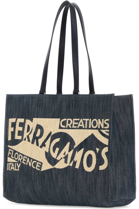 Ferragamo Bags for Women Ferragamo Blue Denim Large Tt Sign Shopping Bag