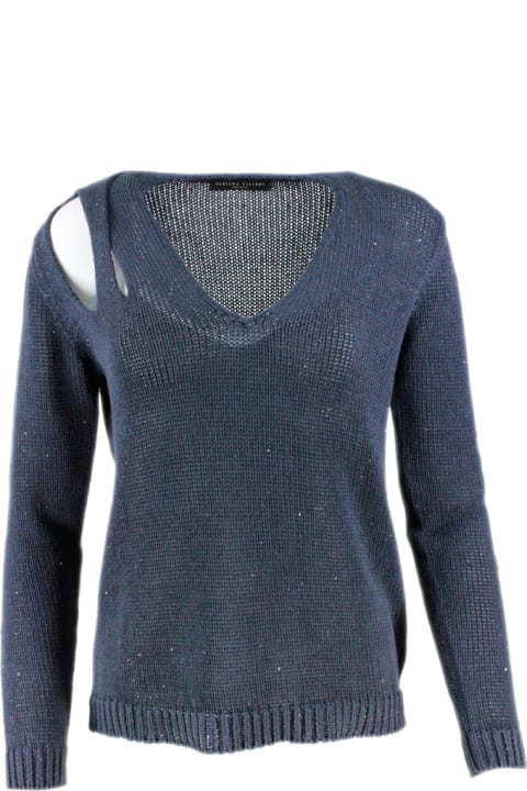 ウィメンズ Fabiana Filippiのニットウェア Fabiana Filippi V-neck Sweater In Cotton And Linen With Woven Sequins Open On The Shoulder