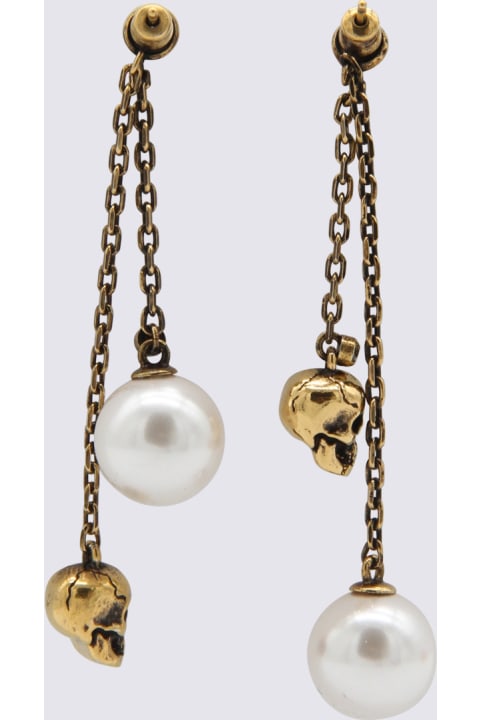 ウィメンズ Alexander McQueenのイヤリング Alexander McQueen Antique Gold Metal And Pearl Skull Chain Earrings