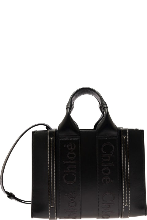Chloé 
small Woody
 Black Tote Bag With Tonal Logo Detail In Leather Woman