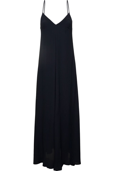 Long Black Loose Dress With Spaghetti Straps In Silk Blend Woman