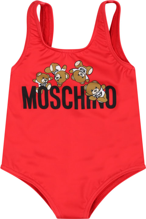 Fashion for Baby Girls Moschino Red One-piece Swimsuit For Baby Girl With Logo And Teddy Bear