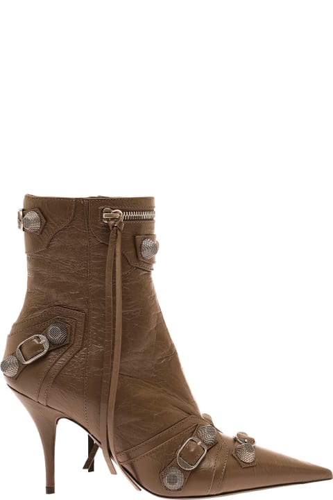 'cagole' Brown Pointed Bootie With Studs And Buckles In Leather Woman
