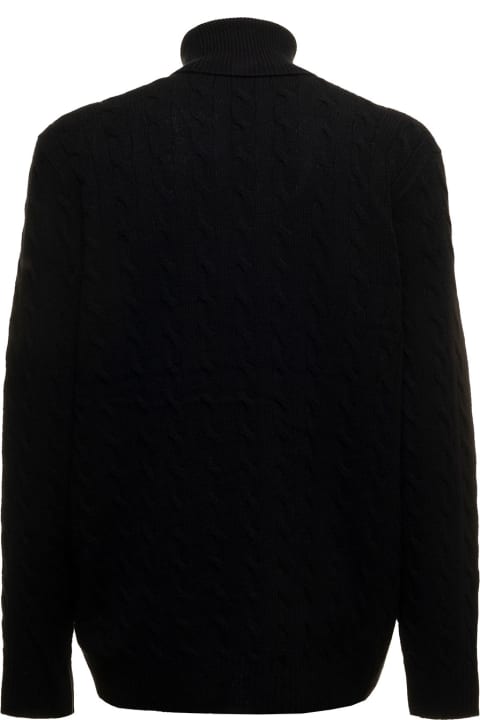 Black Turtleneck In Cable Wool And Cashmere Knit With Contrast Logo Embroidery On The Chest Polo Ralph Lauren Man