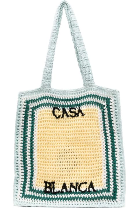 Bags Sale for Men Casablanca Crocheted Tennis Tote Bag In Green, Yellow And White