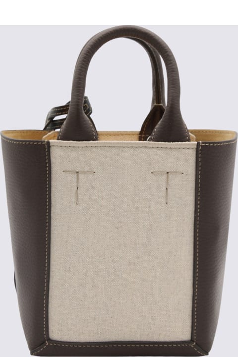 Tod's for Women Tod's Brown And Beige Leather And Canvas Double Up Tote Bag