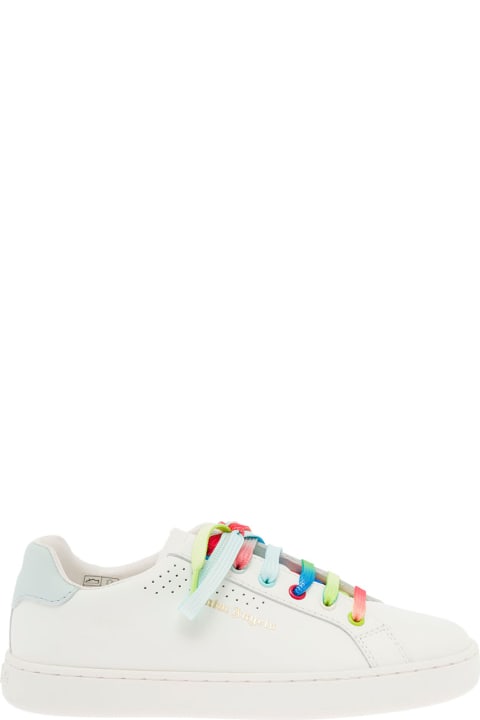 Palm Angels Kids Boy's White Leather Sneakers  With Multicolor Laces