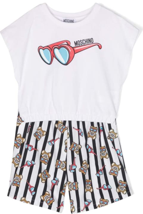 Jumpsuits for Girls Moschino Black And White T-shirt And Shorts Set With Teddy Bear Logo In Stretch Cotton Girl