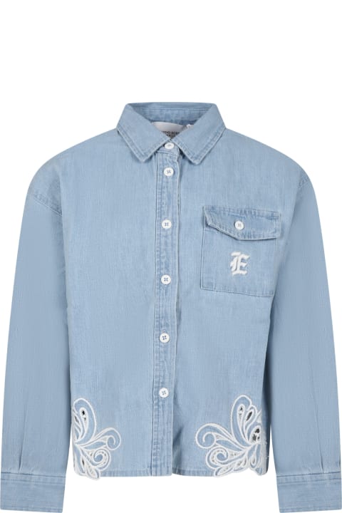 Ermanno Scervino Junior Shirts for Girls Ermanno Scervino Junior Blue Shirt For Girl With Embroidery And Logo