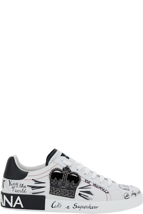 Homeware Dolce 
Gabbana White Low Top Sneakers With Logo Patch On The Tongue And All-over Print In Leather Man