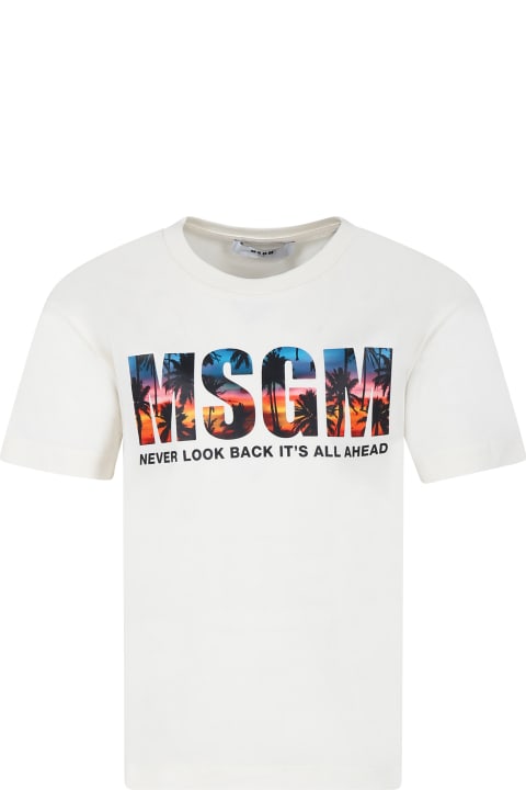 キッズ新着アイテム MSGM Ivory T-shirt For Boy With Logo Et Palm Tree Print