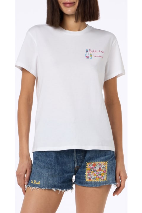 MC2 Saint Barth Topwear for Women MC2 Saint Barth Woman White Cotton Jersey Crewneck T-shirt Emilie With Bollicine Queen Embroidery