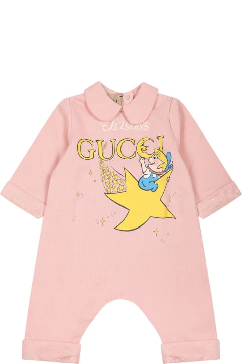Gucciのベビーガールズ Gucci Pink Babygrow For Baby Girl With Print And Logo